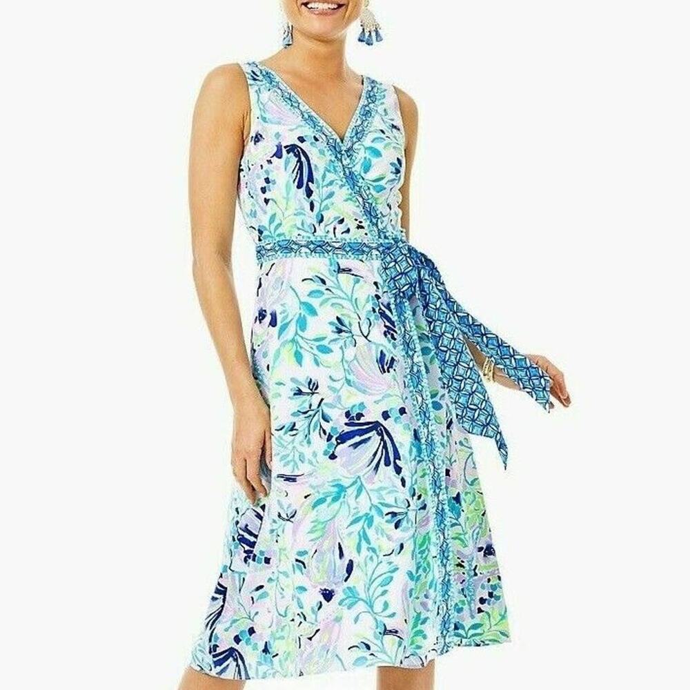 Lilly Pulitzer Shaylee Stretch Midi Dress Wrap White Blue Shell Sz 0